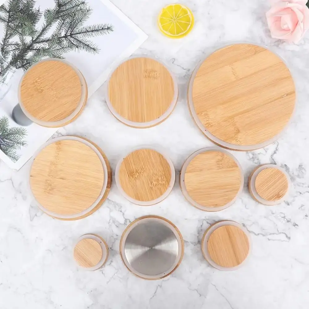Portable Reusable Bamboo Lids Thicken Non Leakage Wooden Covers Silicone Sealing Jar Canning Caps Drinking Jar Supplies