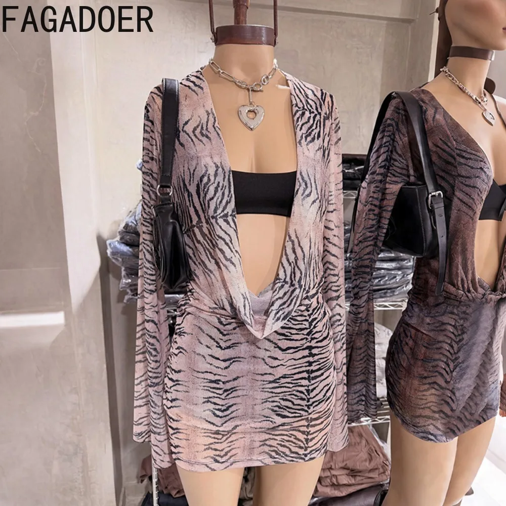 FAGADOER Y2K Retro Tiger Striped Mini Dress Two Piece Sets Sexy Ruched Deep V  Flare Long Sleeve Bodycon Dress + Crop Top Suits view 4