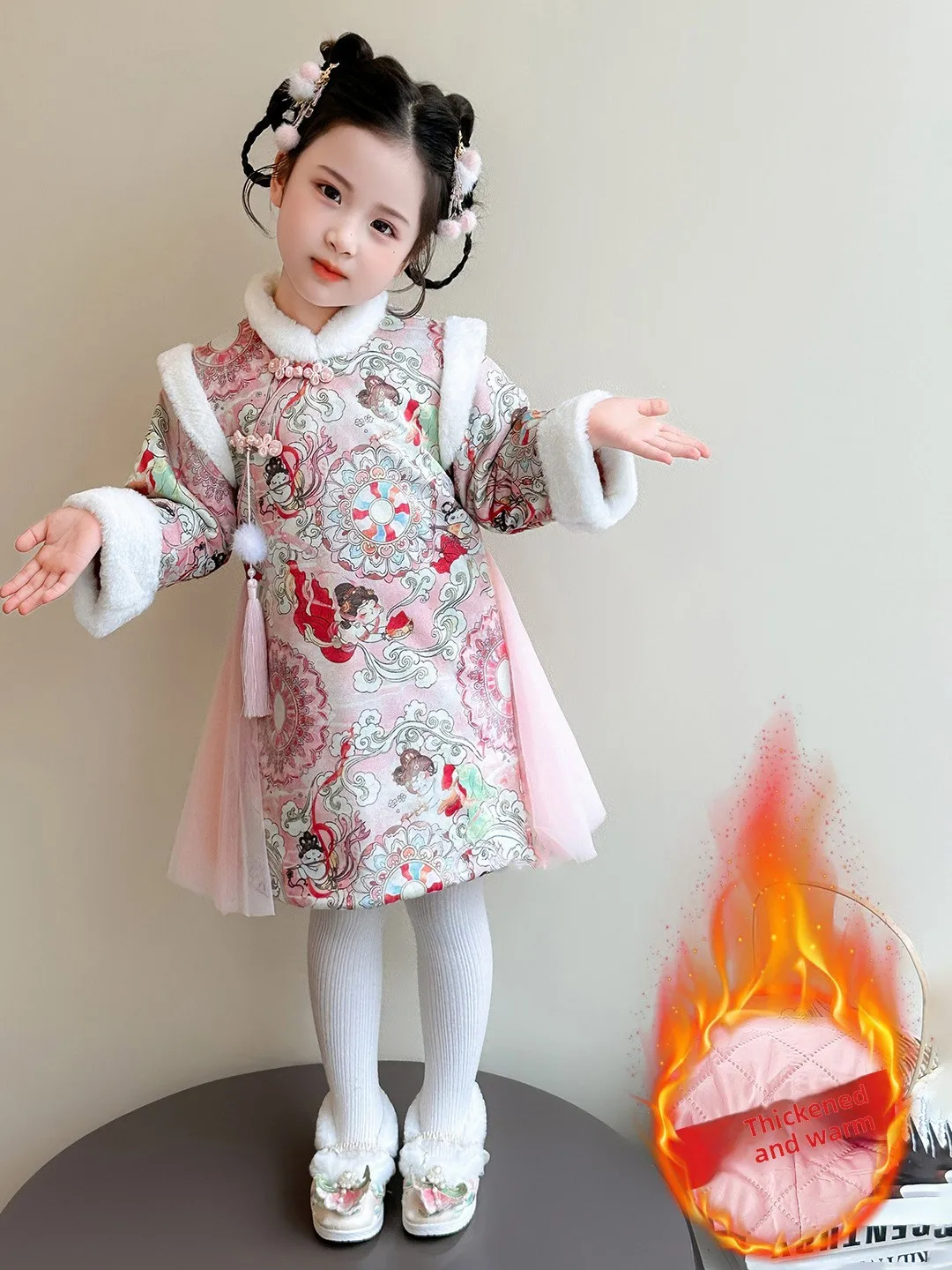 

Зимний хлопковый флаг для девочек, детский теплый костюм на пуговицах Dr Hanfu Dr, этнический сценический костюм, женский модный футболка