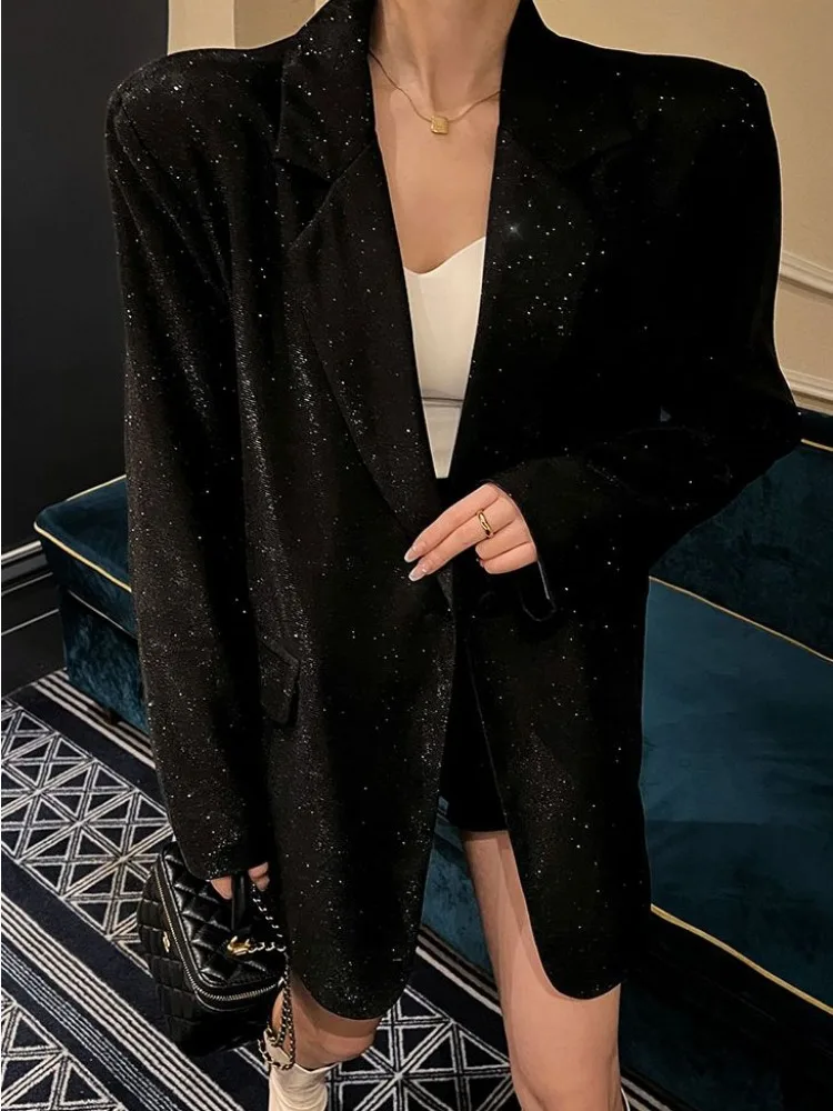 Blazer de Luxe à Manches sulfpour Femme, Vêtement d\'Extérieur à Paillettes Imbibées, avec Poche, Élégant, à la Mode, pour Automne