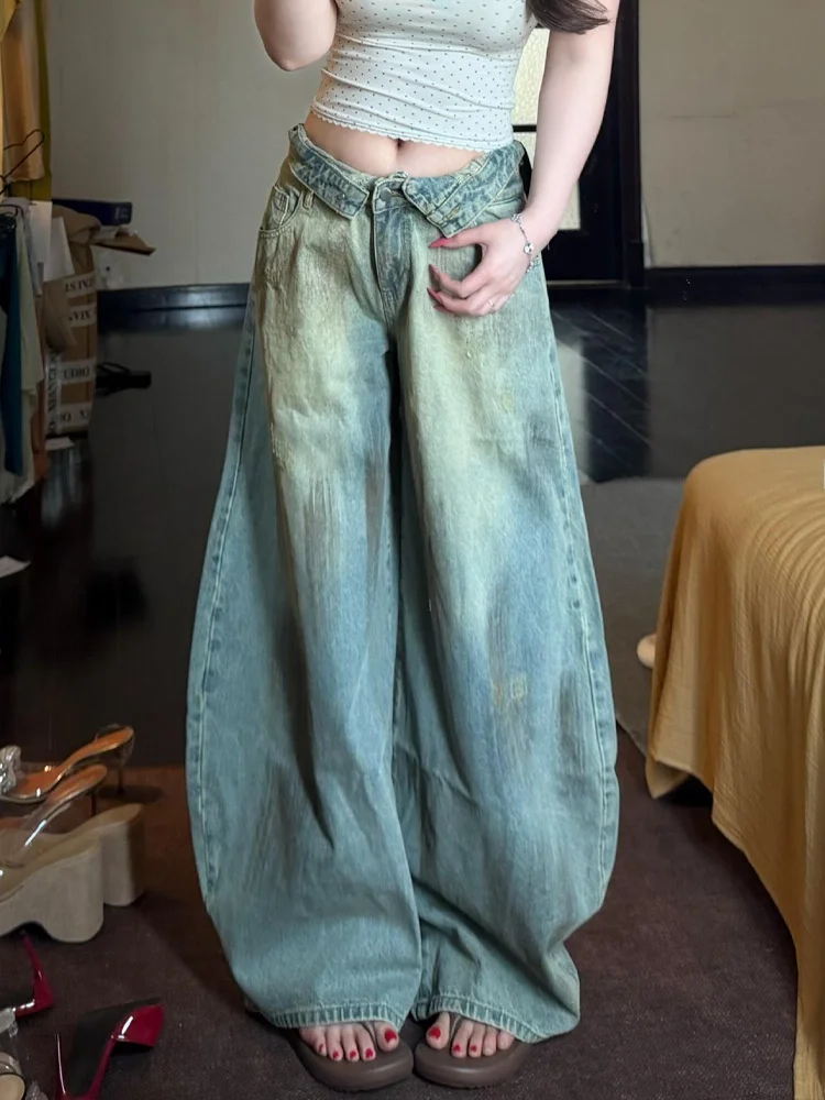 Retro Distressed American Style Women's Jeans High Waist Flip Knife Long Pants Spring Summer Autumn New Design Casual Loose Fit
