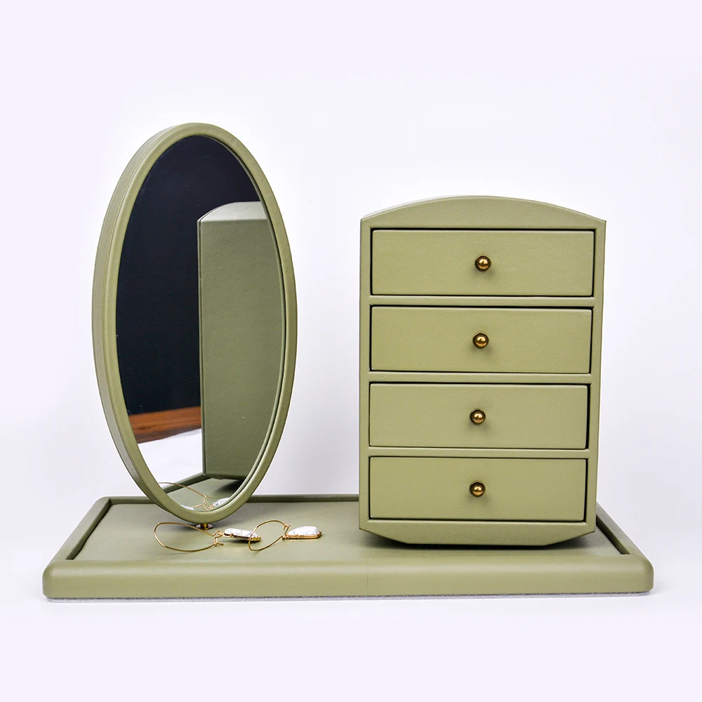 Wholesale Luxury Wood Square Jewelry Storage Box with Makeup Mirror Custom Logo PU Leather & Velvet