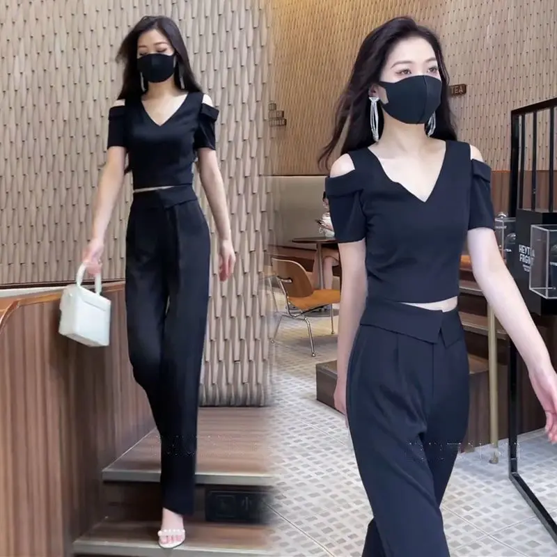 Temperament Fashion Set Women's Summer New High End Short Sleeved V-neck Off Shoulder Top Wide Leg Pants Two Piece Set