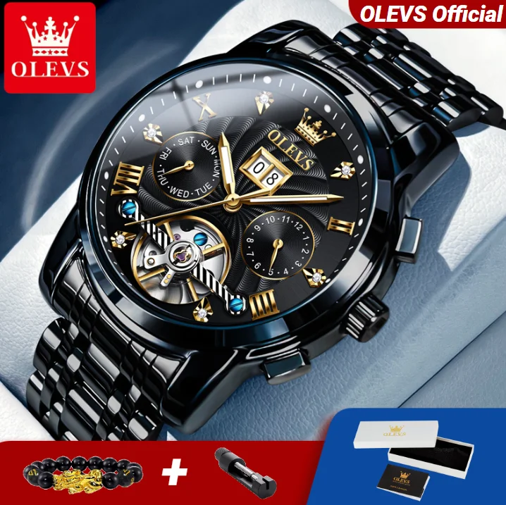 

OLEVS 9910, мужские часы, многофункциональные полые часы со скелетом из нержавеющей стали, водонепроницаемые светящиеся автоматические механические наручные часы для