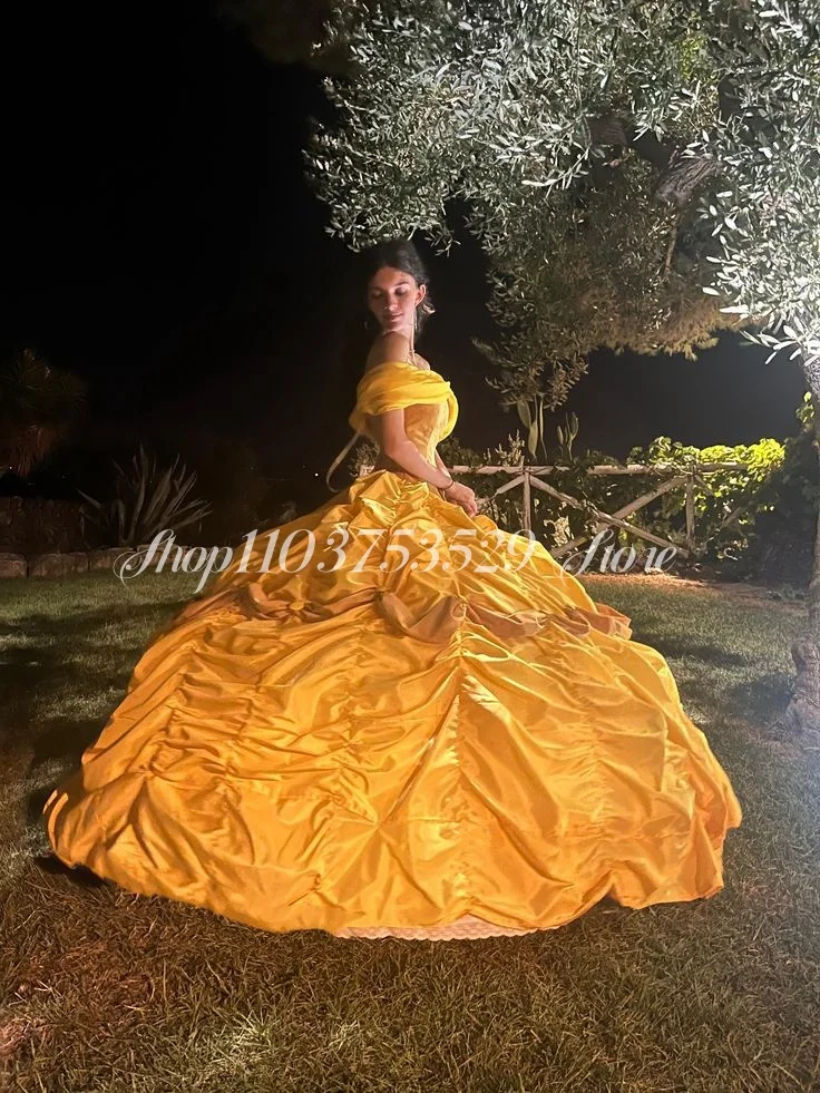 Fantasy Princess Evening Dress  Gold One Shoulder Satin Pleated Poncho Victorian Formal Cosplay Masquerade فساتين سهرة