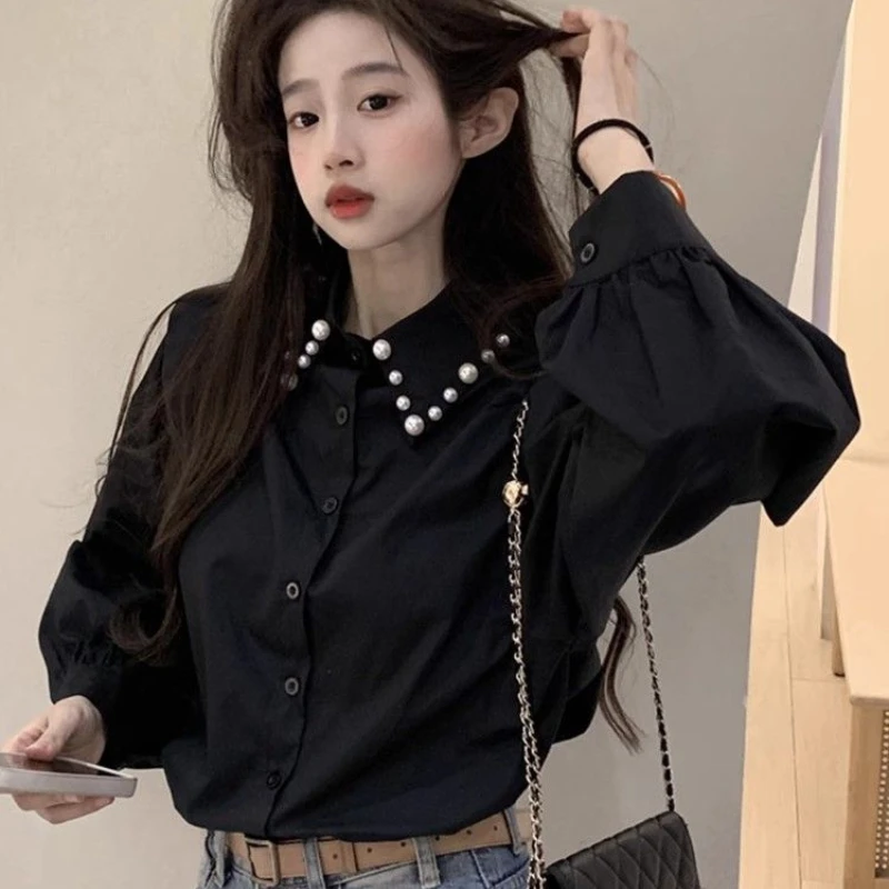 

Pearl Lapel Black Shirt Women's Lazy Casual Loose Long Sleeve Top