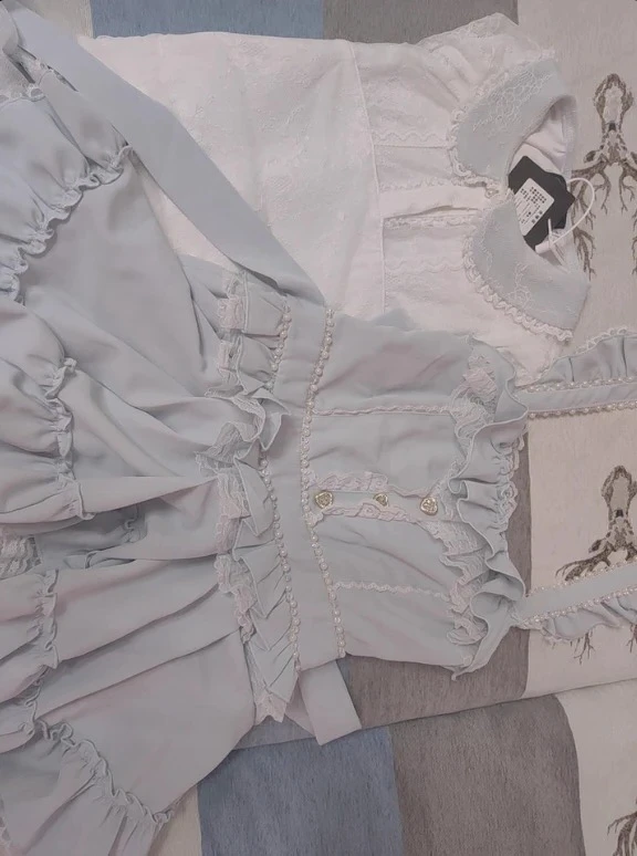 

Blue White Color Block Mass-Produced Bow High-Waisted Slim-Fit Short Camisole Dress and Doll Collar Base Shirt with Sleeves Set