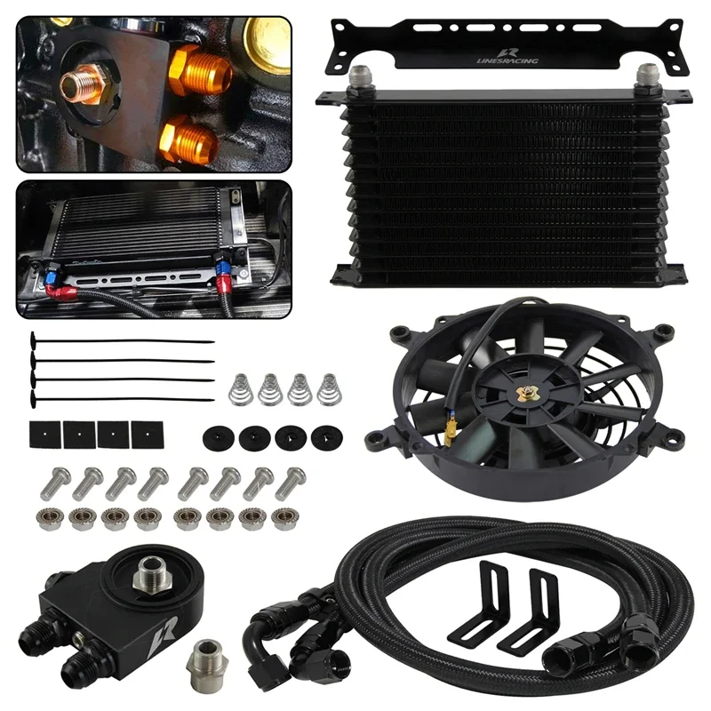 Aluminum Universal AN10 Japanese-style 15Row Thermostatic 85±0.5° Oil Cooler Kit +Mounting Brackets Fan Kit