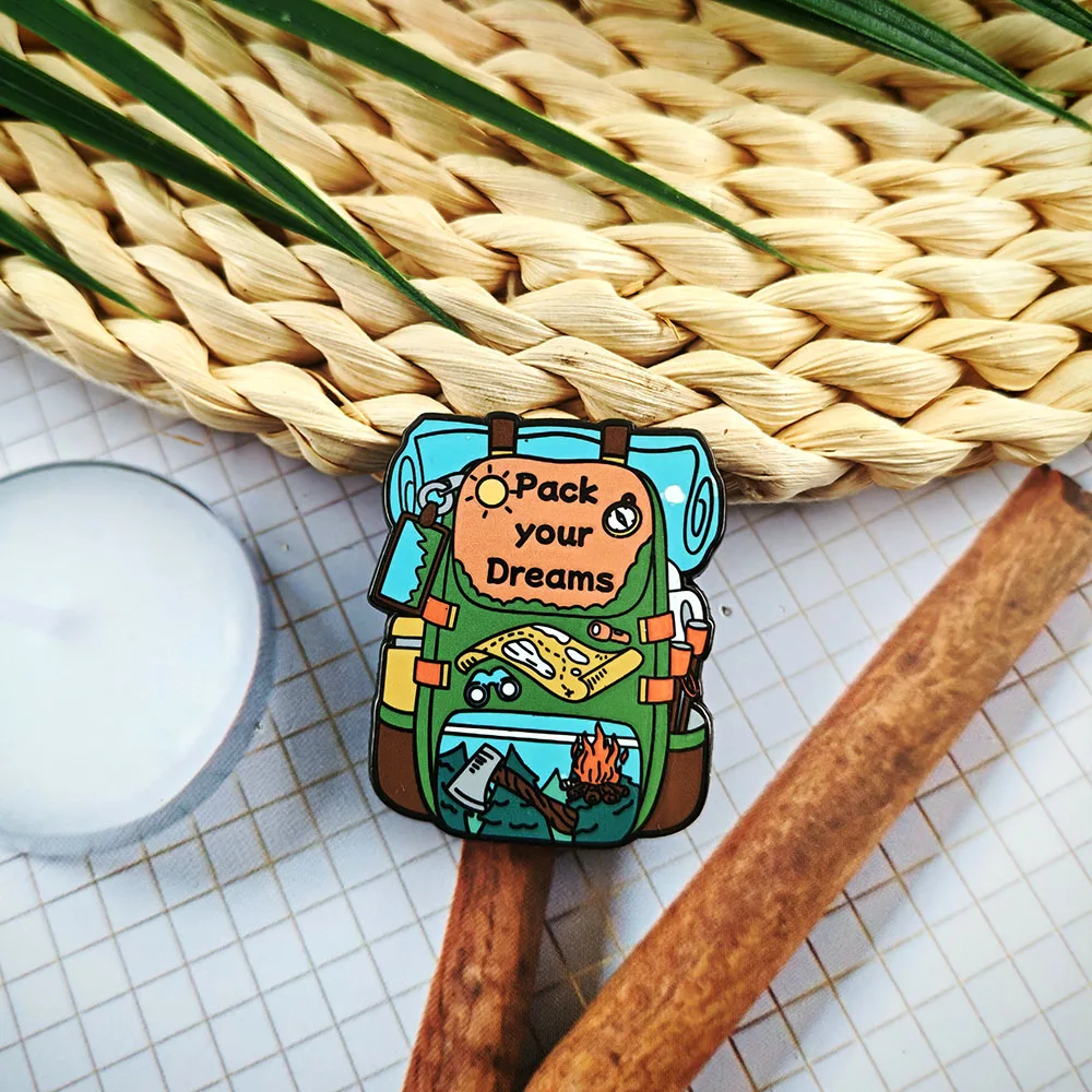 Pack Your Dreams Camping Equipment Backpack Brooch Outdoor Adventure Theme Badge Camping Enthusiast Accessories Bag Decoration