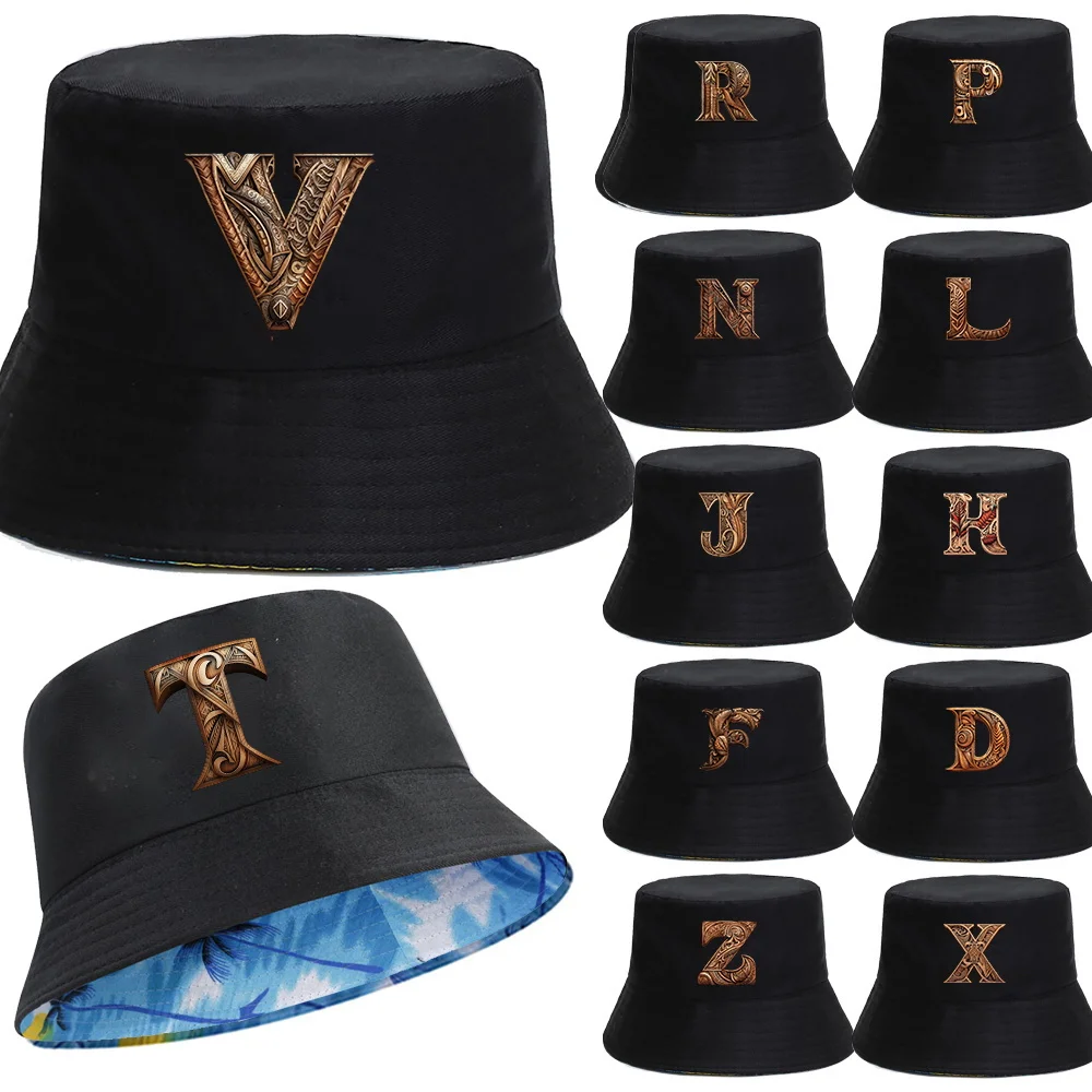 

New Four Seasons Outdoor Travel Male/female Sports Folding Sun Hat Fashion Simple Bucket Hat Wood Art Letter Printing Pattern