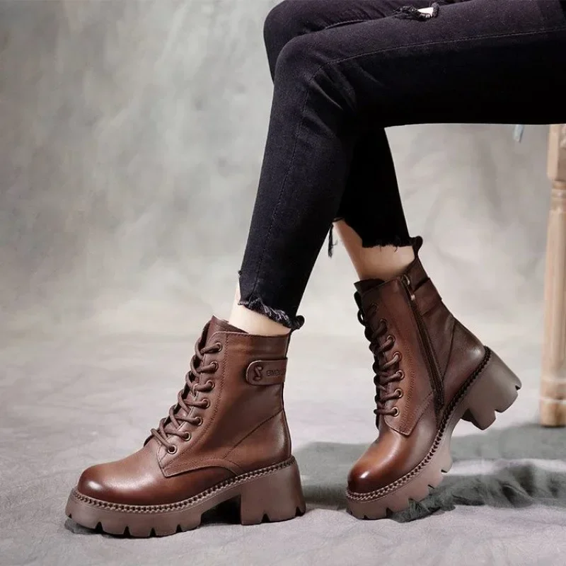 

Genuine Leather Women Boots Zip Round Toe Shoes for Women Concise Leisure Sewing Platform Boots botas altas plataforma mujer
