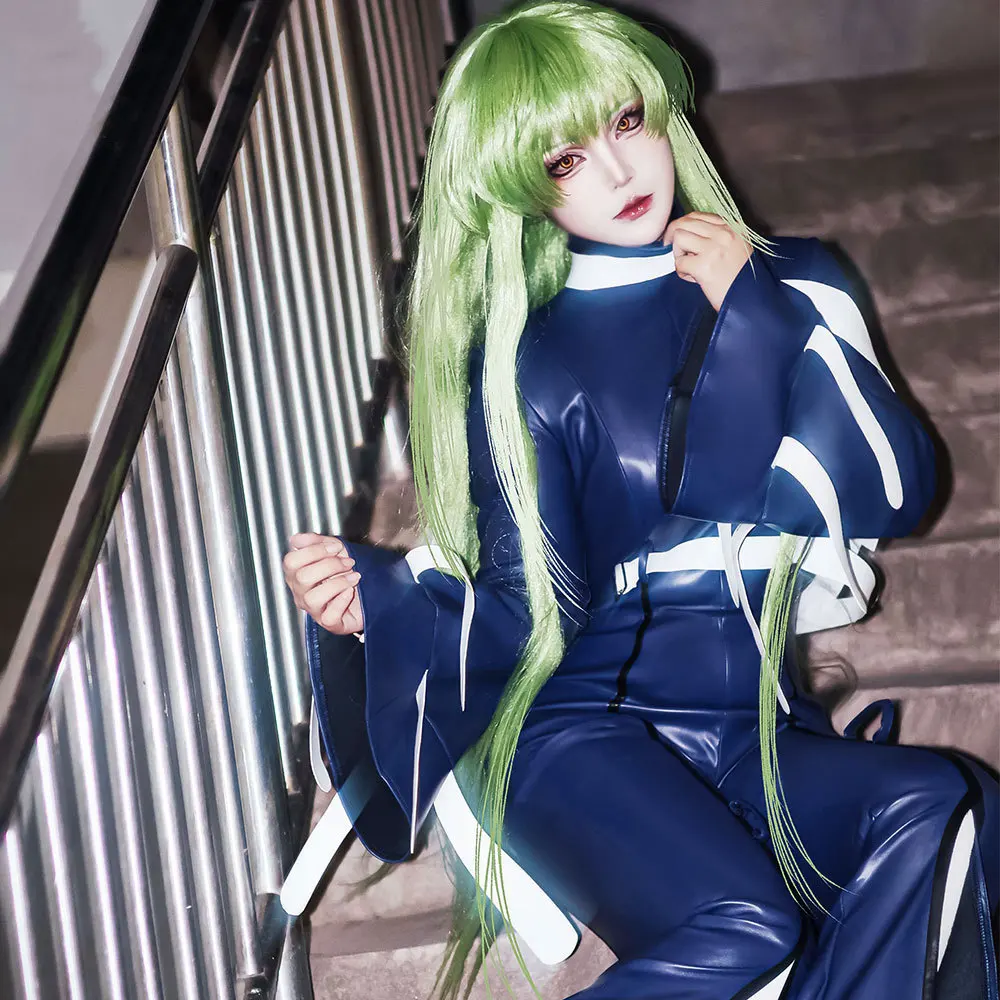 Anime CODE GEASS Lelouch of The Rebellion C.C. Cosplay Costume Green Wig Sexy Dark Blue Leather Bodysuit Costume Woman Halloween - Image 3