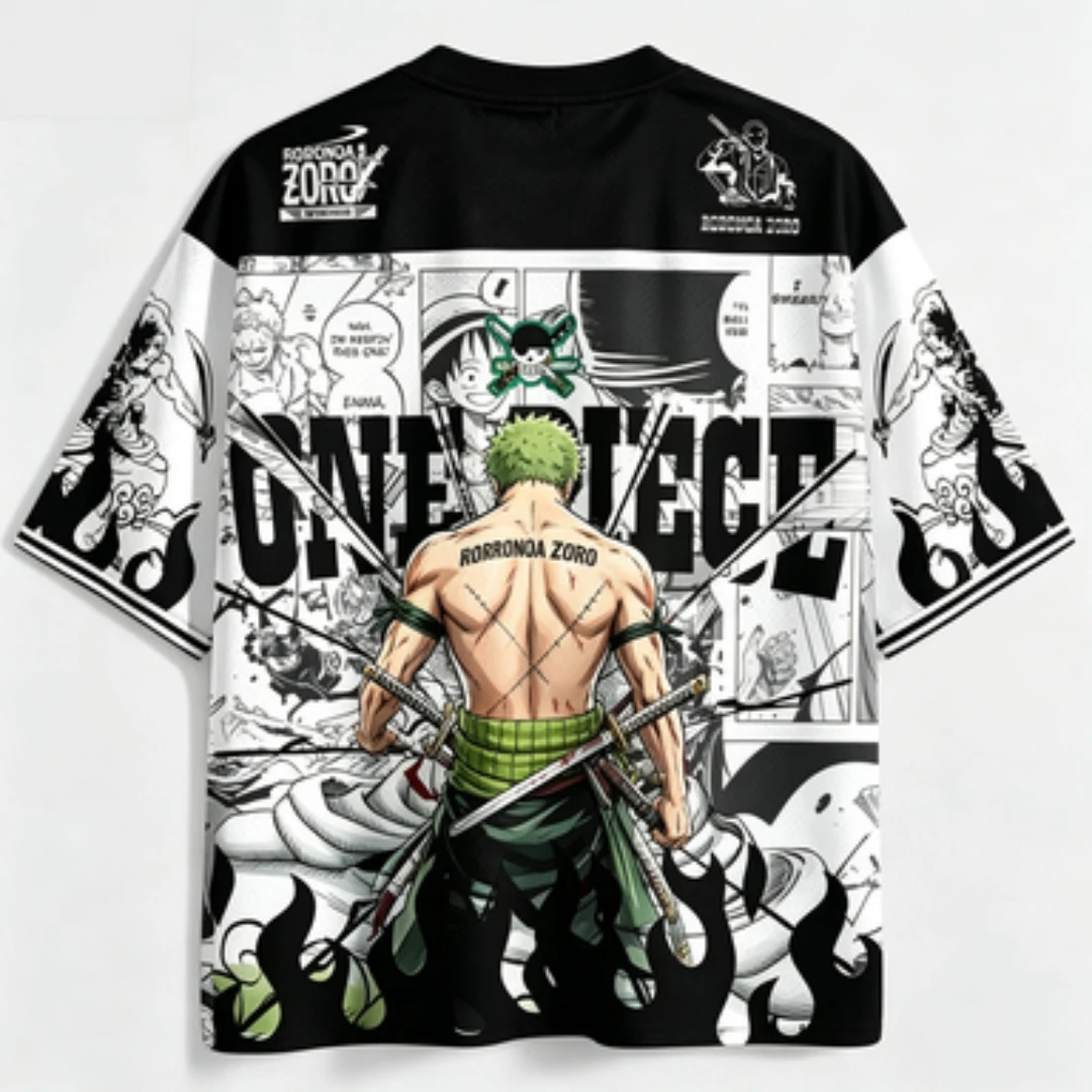 One Piece Solon Black and White V-neck Breathable Mesh Manga Panel Background Three Sword Pattern Sports and Leisure T-shirt
