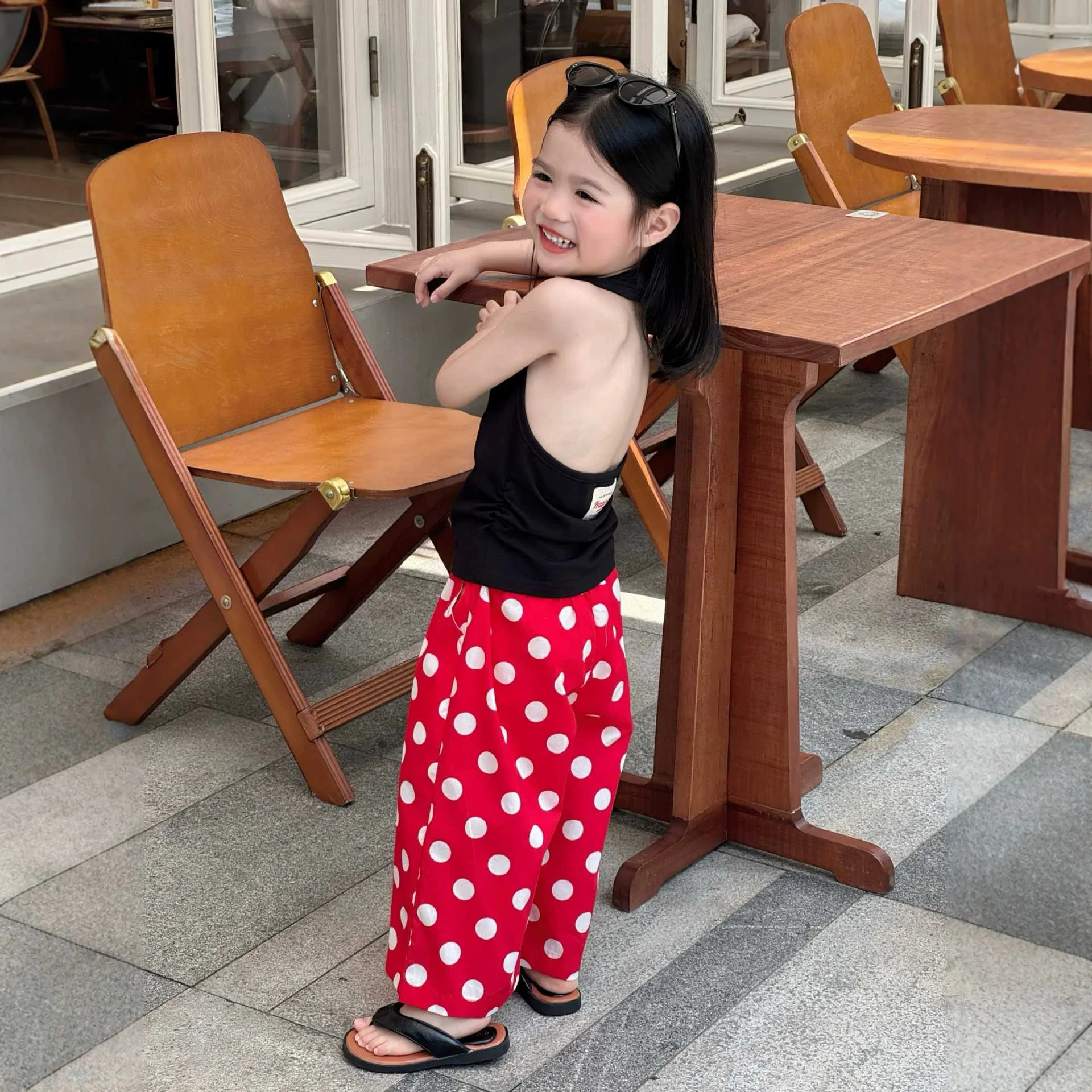 Korean Girls Summer Design Style Hanging Neck Collar Vest Red Polka Dot Straight Tube Mosquito Proof Pants