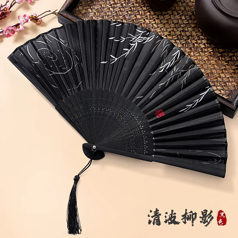 Ventilador de mano plegable de estilo chino, gran calidad, 33cm, japonés, Vintage, 13 pulgadas, grúa tradicional con cinta para Hanfu