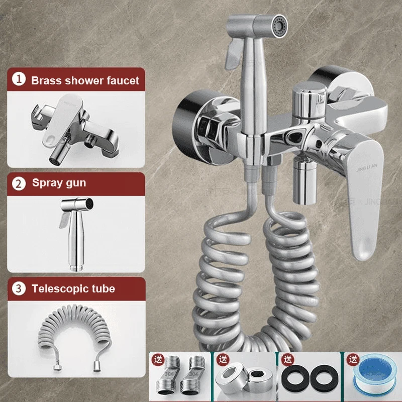 Bathroom Shower Faucet With Spray Gun Brass Wall Mounted Triple Tub Faucet Hot and Cold Water Mixing Valve Faucet with G1/2 Inch