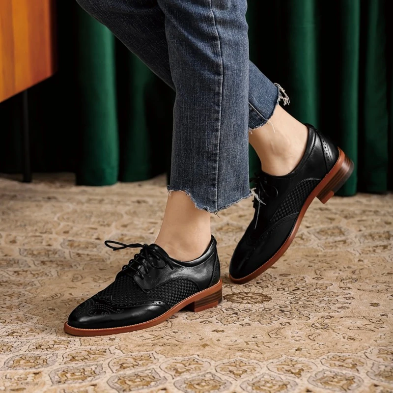 Women Oxford Flats Spring/Autumn Shoes for Woman Genuine Leather Brogues Vintage Lace up Loafers casual weave Black Girls shoes