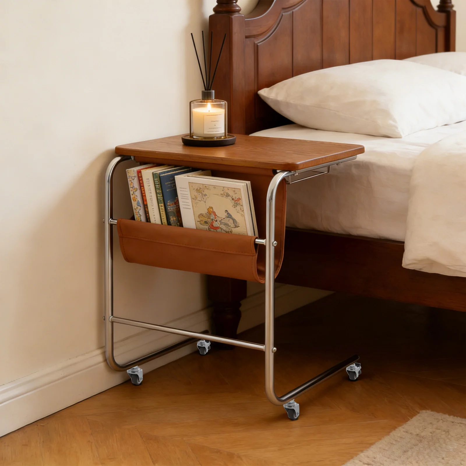 

C-Shaped End Table on Wheels, Movable Side Table for Couch, Rolling Sofa Side Table with Storage Bag, 4 Universal Wheels 2 Locking, MDF Iron, Walnut/Black