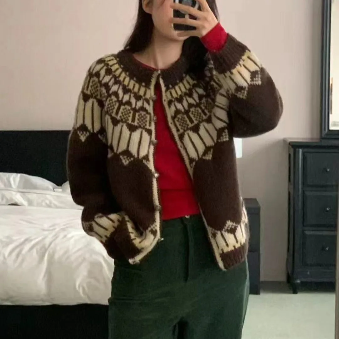 

Women's Knitted Sweater 2025 Autumn Winter Vintage Loose round Ne Fair Isle Open Cardigan Top Faionable Versatile Design