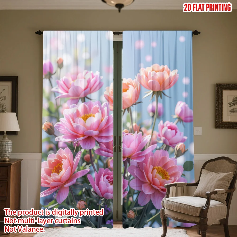 

2D flat printing 2pcs Party Curtains Spring Pink Blooms Digital Printed Polyester Drapes Birthday Party for Indoor Celebrations