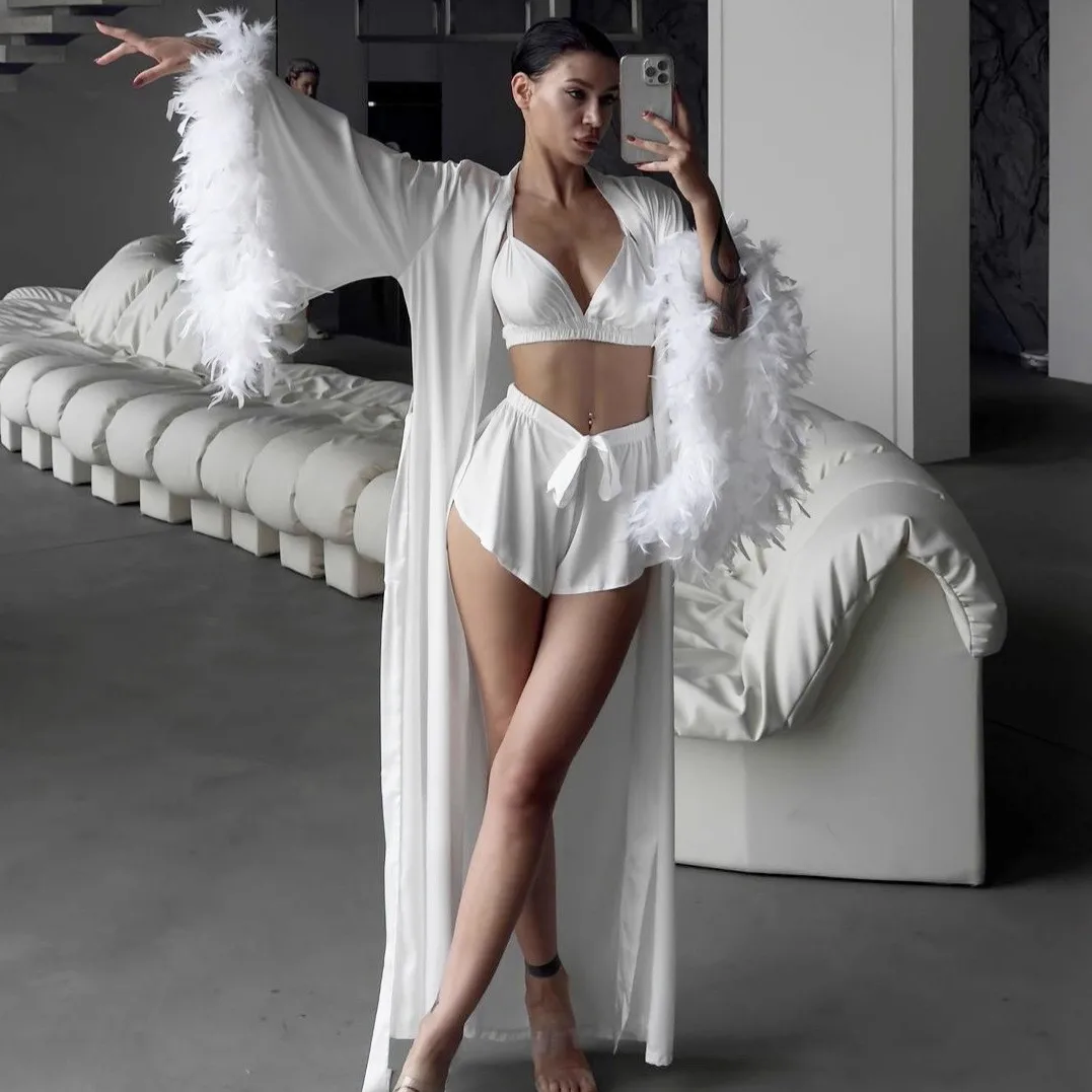 Three Set Feather Trim Robe European and American Style with Long Sleeve Spring Home Loungewear Autumn Hotel Bathrobe for Women