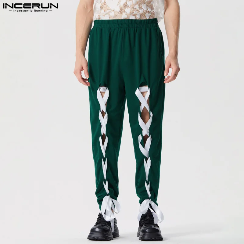 

2024 Men Casual Pants Patchwork Elastic Waist Lace Up Streetwear Men Bottoms Hollow Out Fashion Leisure Male Pants S-5XL INCERUN