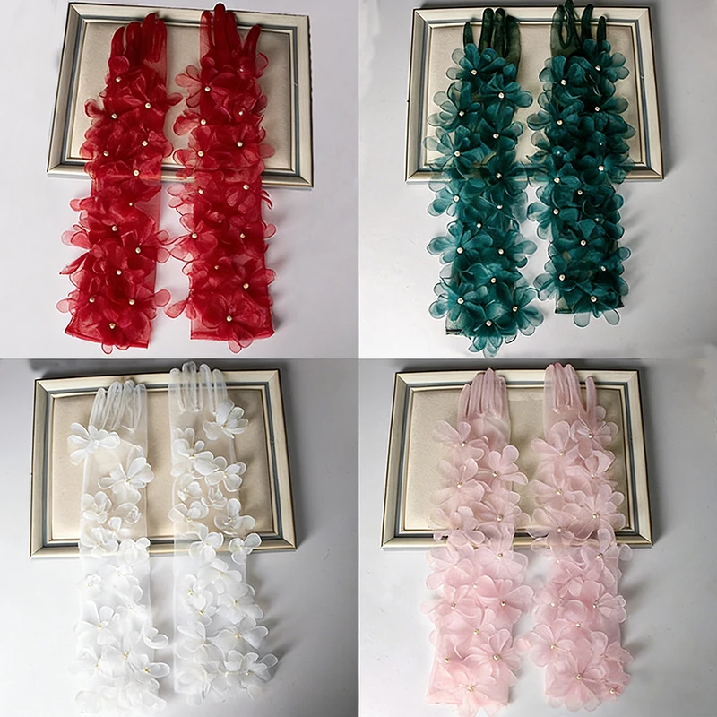 55cm Bridal Floral Lace Long Gloves Women's Transparent Mesh Pearl Elegant Tea Party Wedding Prom Dress Accessories Thin
