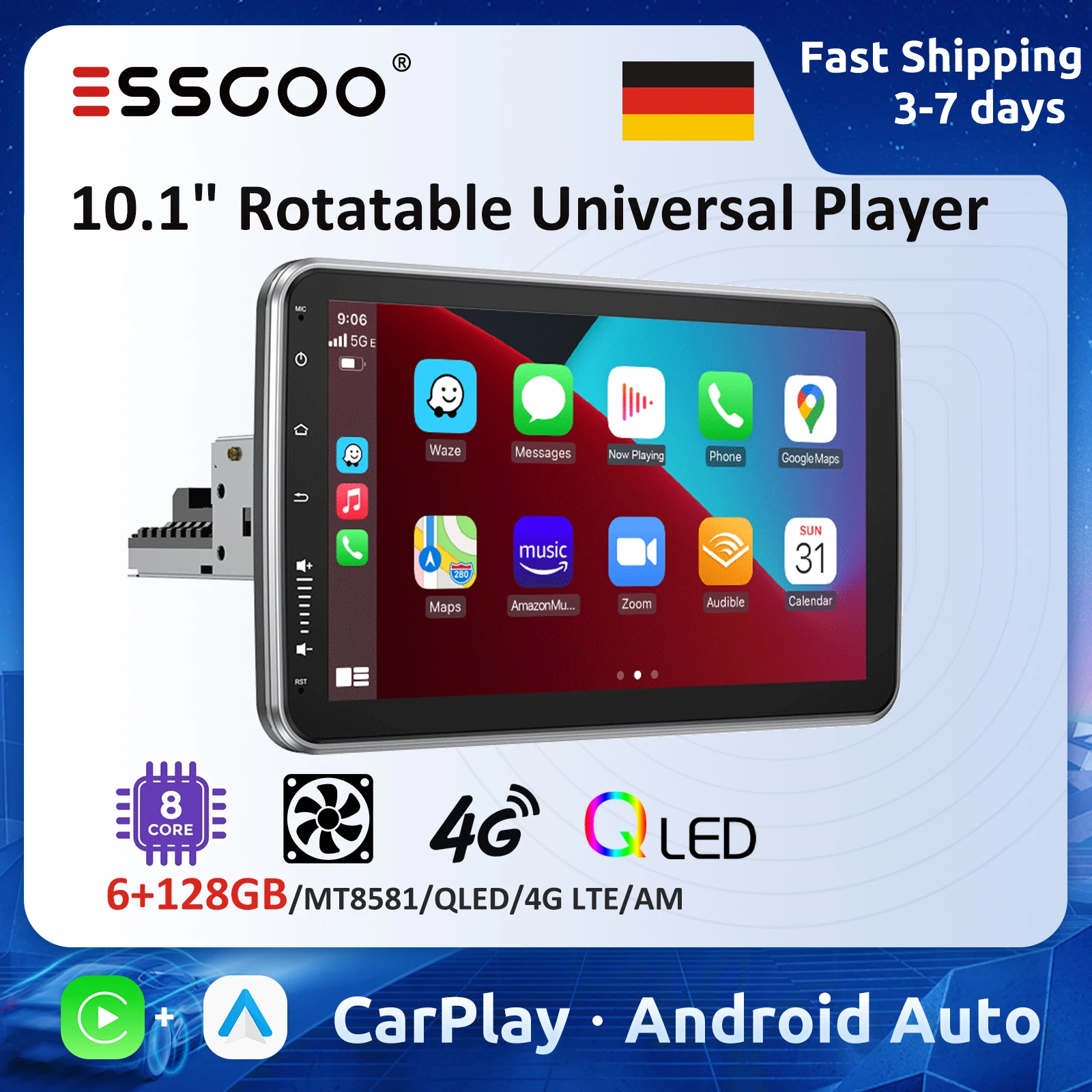 ESSGOO 10,1" drehbares Autoradio Octa-Core 1 Din Universal Carplay Android Auto Autoradio 6GB 128GB 4G LTE QLED 8core GPS BT
