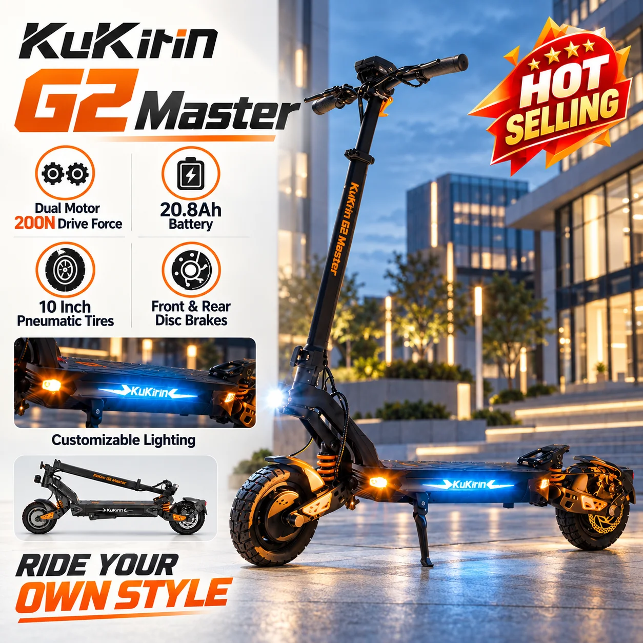 Monopattino Elettrico KuKirin G2 Master 2027s Ultra con Doppio Motore, Potente per Salite, Accelerazione Rapida, per Adulti, Batteria 52V 20.8Ah, Velocità Massima 60km/h, Autonomia fino a 70km,