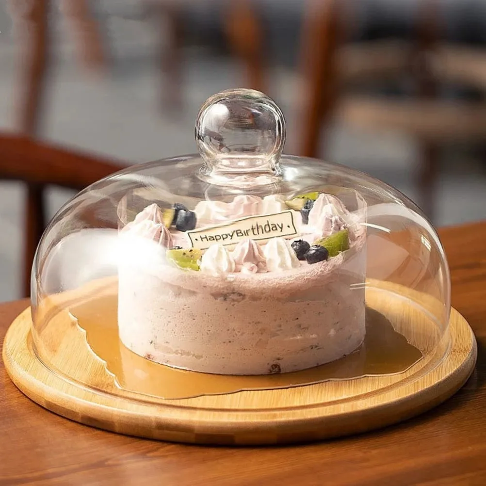 Wooden Cake Stand Dessert Plate Macaron Cupcake Serving Tray Transparent Glass Dome Display Cover Food Container