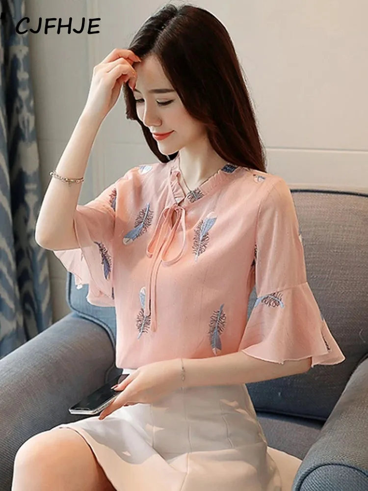 2022 Summer Feather Printed Women's Shirt Korean Slim Lace-up Blusa Feminina Chiffon Short Sleeve Top Blusas XXL