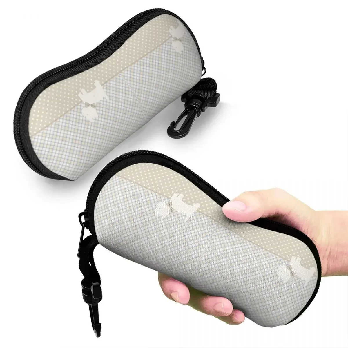 Cartoon Westie Tartan And Polka Dots Shell Eyeglasses Case West Highland White Terrier Dog Glasses Case Sunglasses Box Pouch