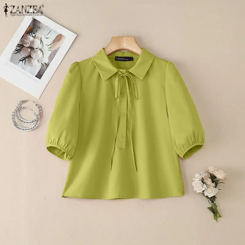 

2026 Summer Blouse ZANZEA Women Lapel Neck Short Sleeve Shirt Casual Solid Buttons Up Tops Female OL Work Blusas Lace Up Tunic