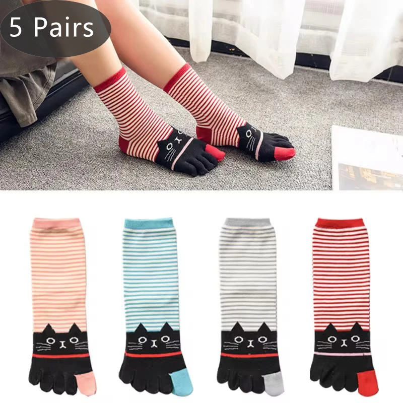 5 Pairs Women Toe Short Socks Cotton Striped Cat Cute Young Casual Sweat-Absorbing Breathable 5 Finger Harajuku Happy Socks