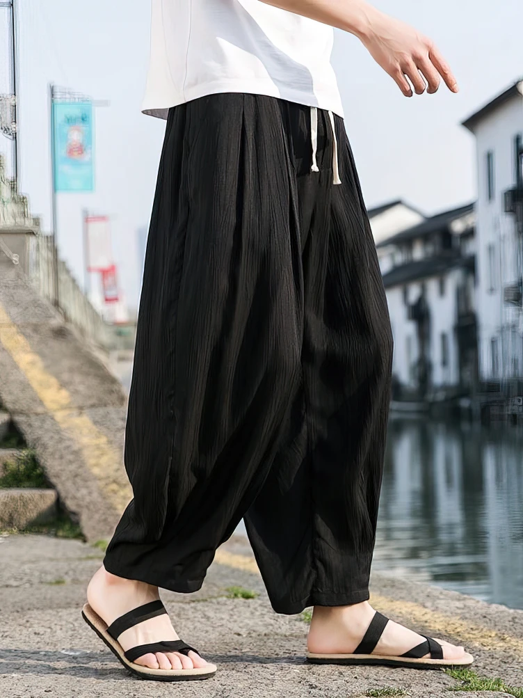 Ice Silk Casual Linen Pants Men Oversize Chinese Summer Wide leg Baggy Sweatpants Male Outdoor Sport Harem Trousers