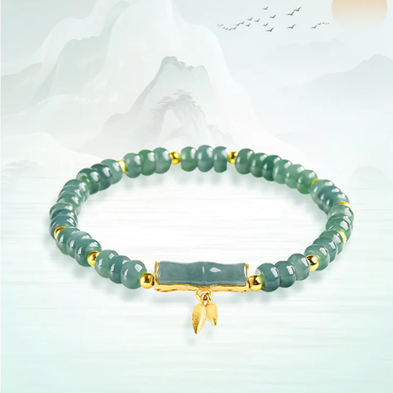 

Natural Emerald Burmese Emerald Jade Blue Water Ice Seed Beads Bamboo Bracelet Jadeite Hand Woven Amulets Fashion Jewelry Gift