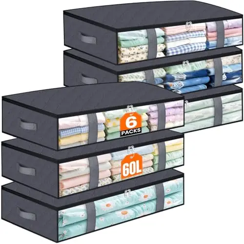 

Контейнеры для хранения под кроватью, набор из 6 сумок для хранения одеял, складные сумки для хранения с большими молниями, прозрачная передняя панель, для хранения обуви