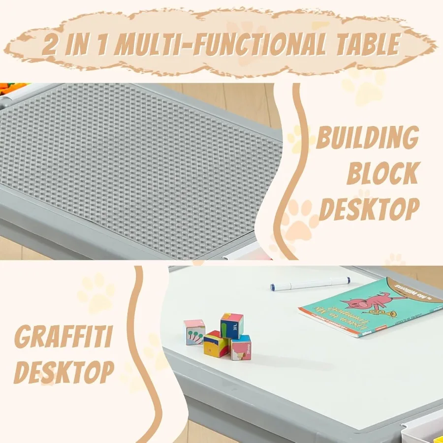 Multi Functional Table and 2 Chairs Set with Graffiti Building Blocks Double-Sided Tabletop Toddler Play Table Featuring Drawer