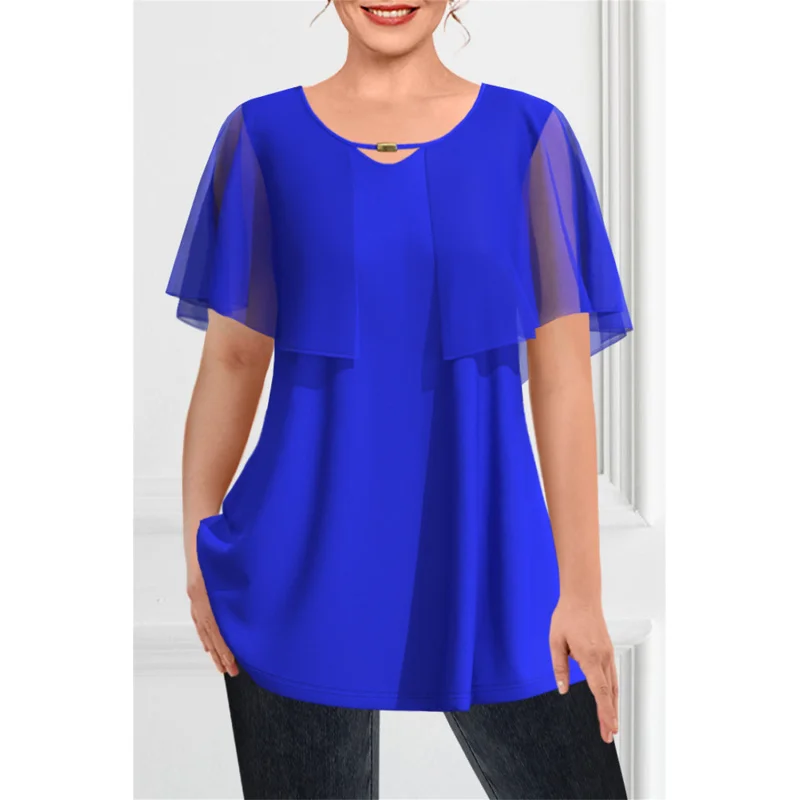 Cross-Border Wind plus SizeDressySapphire Blue Chiffon Flute Sleeve Double-Layer Hollow-out False Two-Piece Suit Top