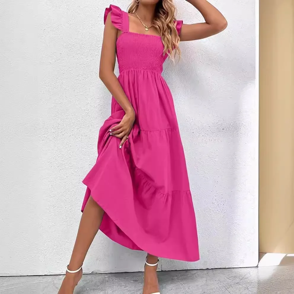 Vestido largo sin mangas liso para mujer, vestido largo sin mangas con cuello cuadrado, corte en A, sin espalda, cintura delgada, plisado, para playa, verano 2025