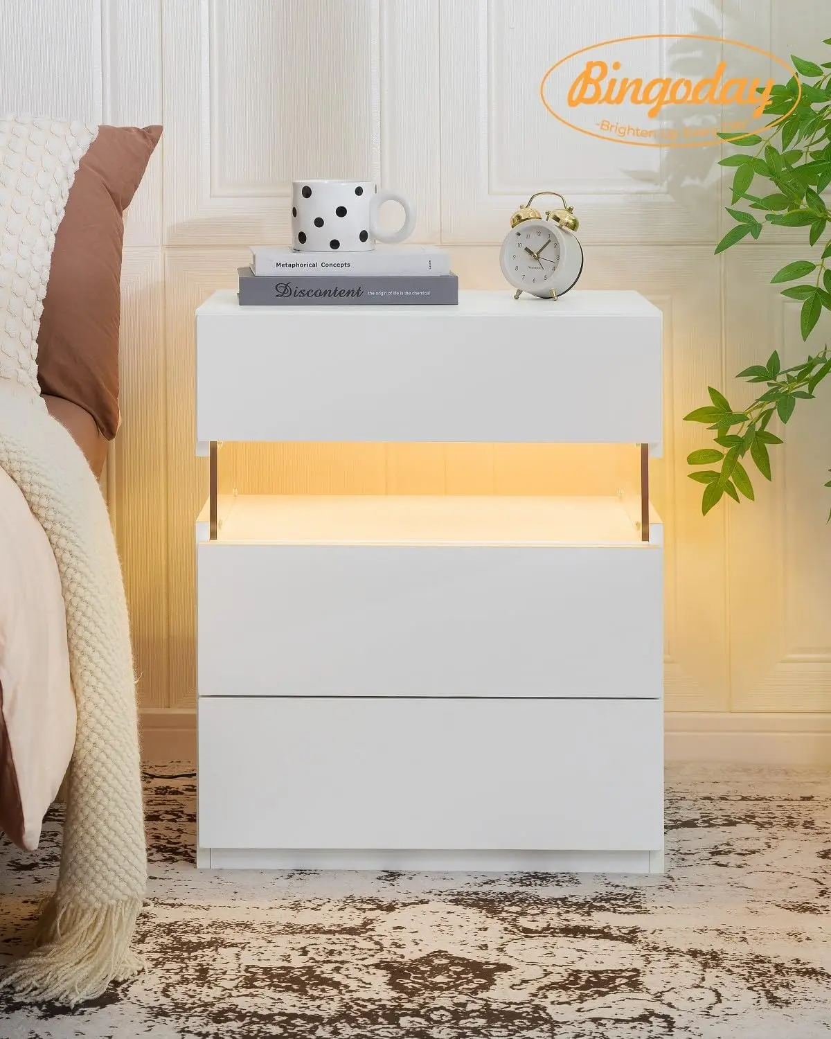 2 LED ナイトスタンド ホワイト 銃引き出し付き ベッドサイド テーブル 2 個セット ホワイト LED ライト 寝室用 ホワイト