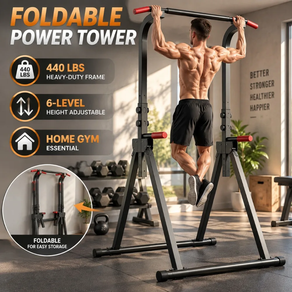 Foldable Standing Power Tower for Pull-Ups Dips and Leg Raises – 6-Level Height Adjustable with Secure Knobs, Heavy-Duty Steel Frame Supports 440 lbs, Non-Slip Rubber Feet, Compact Foldable Design, Perfect for Home Gym Backyard Garage or Outdoor Training