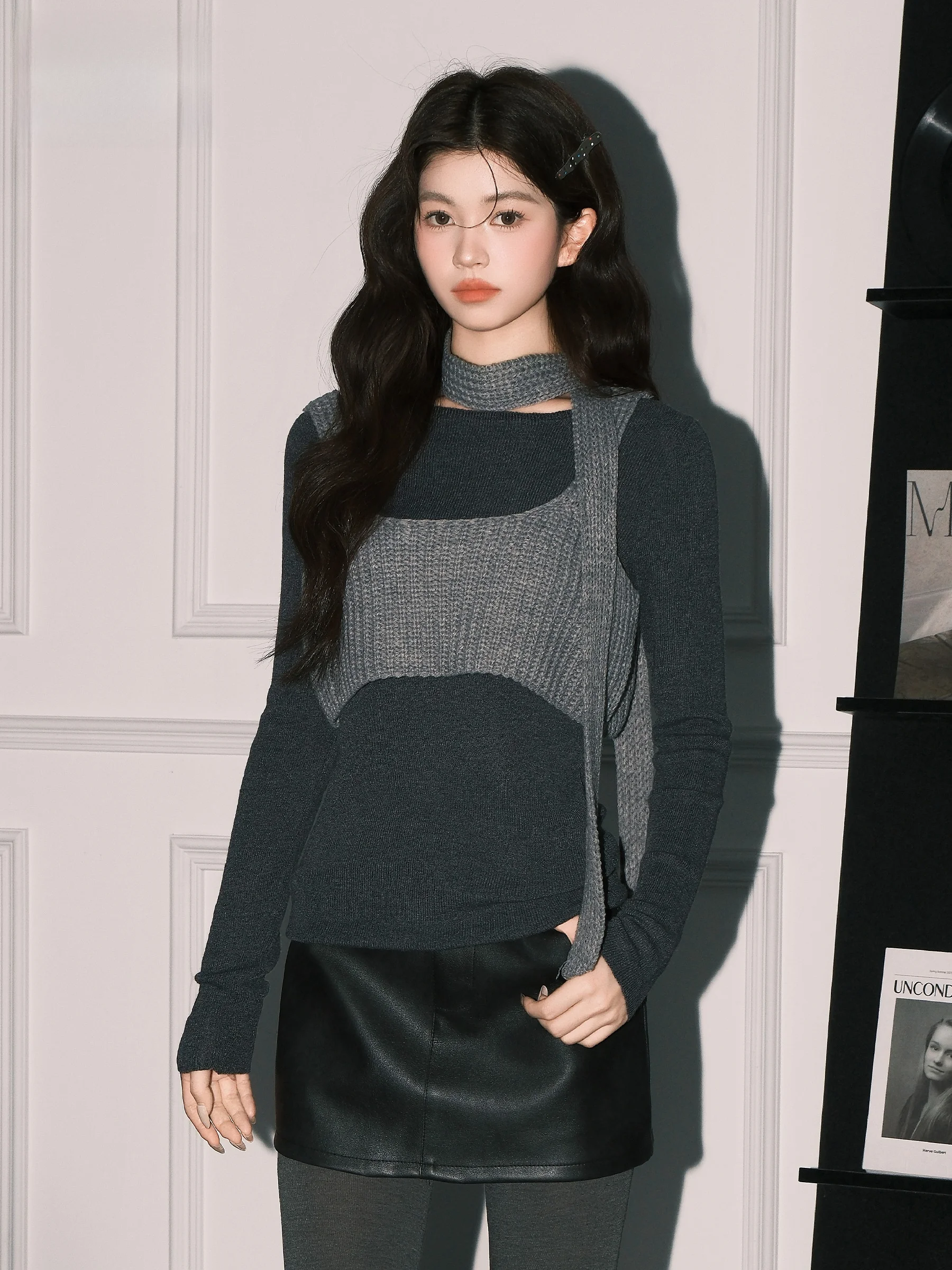 

Sweet And Gentle Long Sleeve Knitted Sweater Women's Fashion Set with Sashes Autumn Winter New Style Slim Fit Layering Top