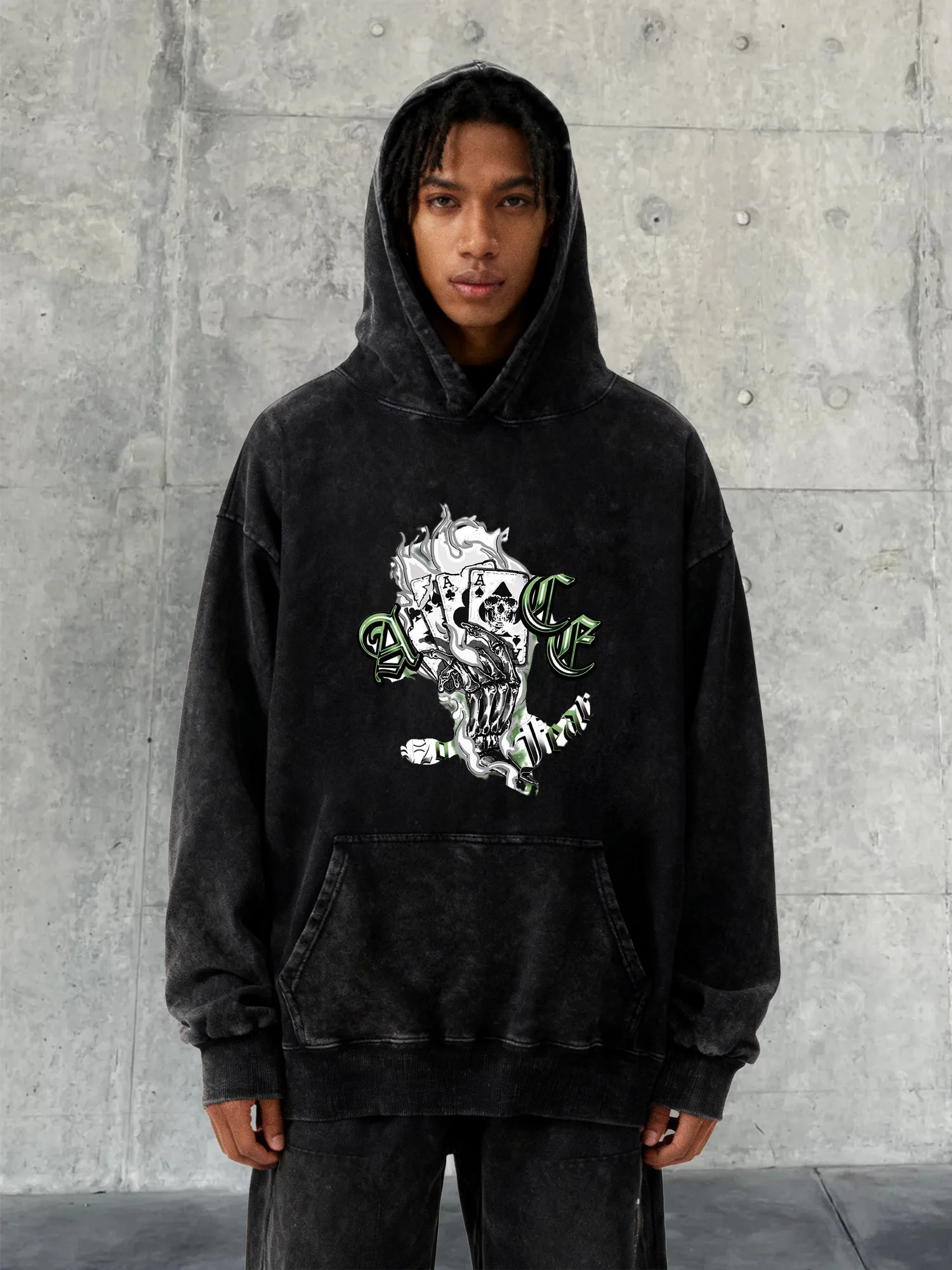 Ace Man 400g Heavyweight Washed Hoodie with Drop Shoulder Design, Aw Collection