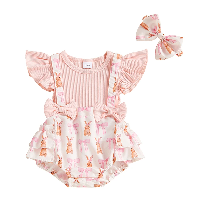 Baby Girl Easter Outfit Bunny Print Fake Two-Piece Fly Sleeve Romper Bow Headband 2 Piece Spring Baby Bodysuits Set