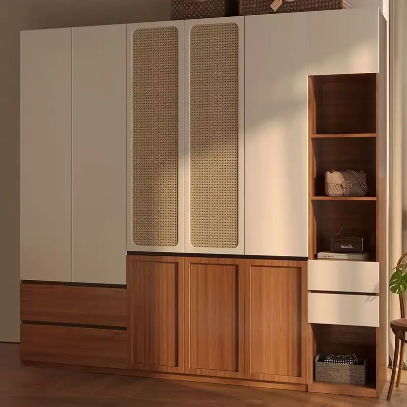 Medieval style segmented solid wood rattan wardrobe, one door to the top free handle modern simple wardrobe