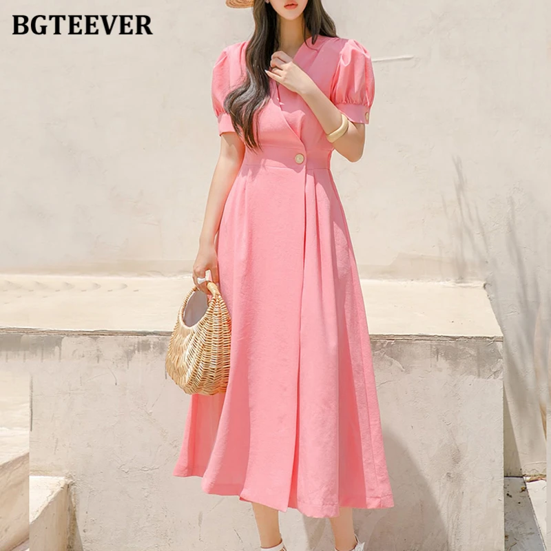 

BGTEEVER повседневное женское платье трапециевидной формы с v-образным вырезом и тонкой талией, стильное женское платье средней длины с пышными рукавами, весна-лето, Vestidos