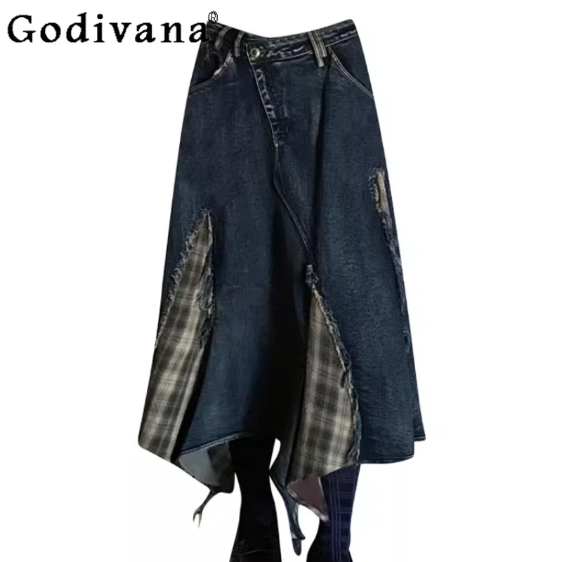

Large Size American Retro Irregular Plaid Splicing Denim Skirt Women's 2025 New Loose Age Reduction Versatile High Waist Skirts