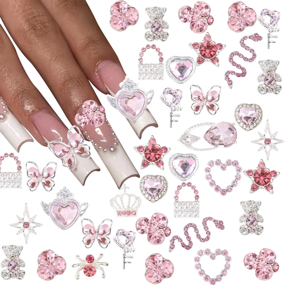 1 paquet de 20 à 80 pièces 3D papillon coeur et diamant rose formes Nail Art luxe strass alliage métallique bricolage accessoires fournitures d'art des ongles