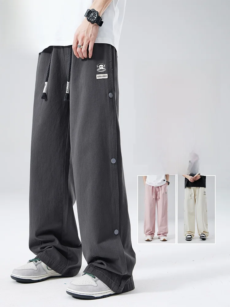 

PaulFrank Autumn New Men's Wide Leg Casual Pants mid Waist Cotton 00% Button Straight Cut Loose Fit Youthful Sle